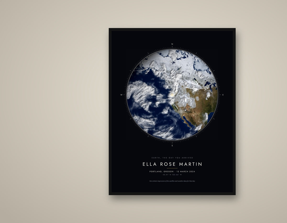 Earth on the day a baby was born, framed on a wall - Portland, Oregon, March 2024
